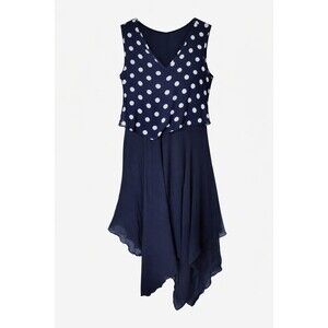 Mlle Gabrielle Women’s Navy Polka Dot Asymmetrical Dress Size L Sleeveless